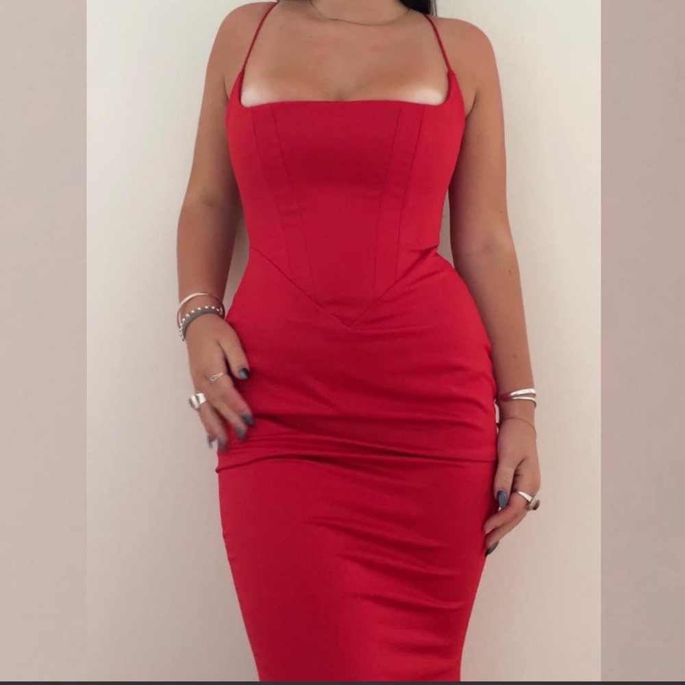 House of CB Red Strapless Bodycon Midi Dress
